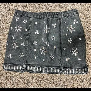 Jeweled black jean mini skirt